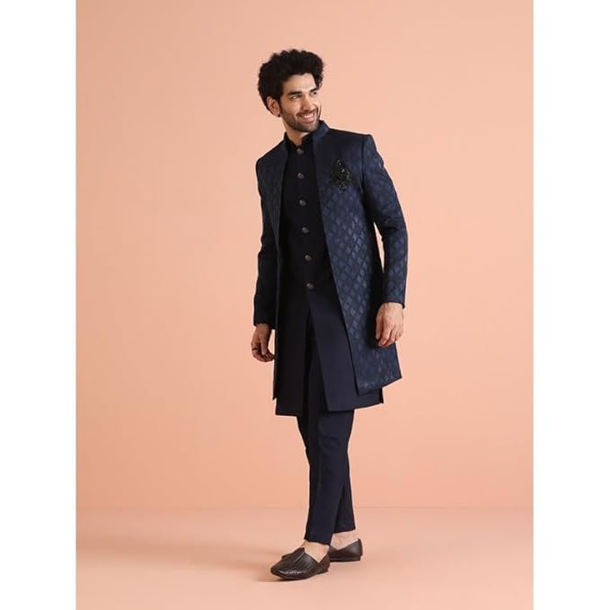 Navy blue indo-western sherwani for men with textured design, perfect for weddings and receptions.