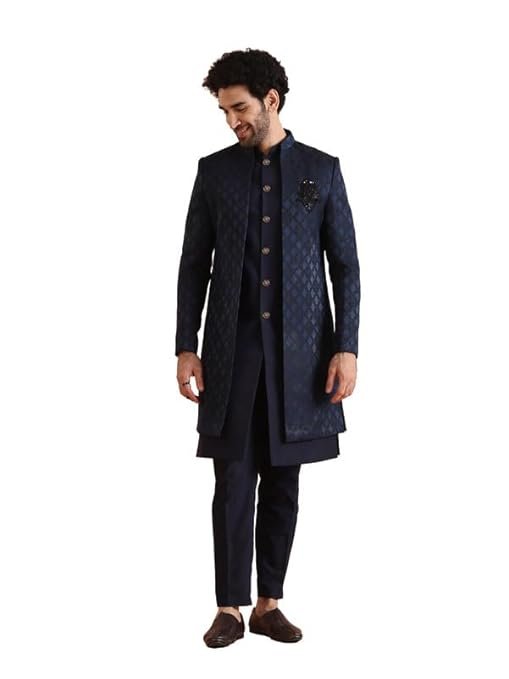 Navy blue indo-western sherwani for men with textured design, perfect for weddings and receptions.