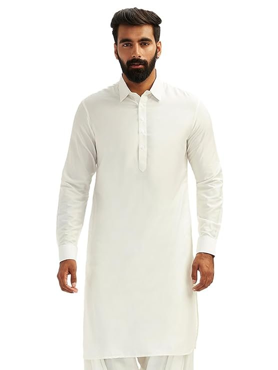 Men's Cotton Pathani Kurta with Shirt Collar and Full Sleeves | WED Couture