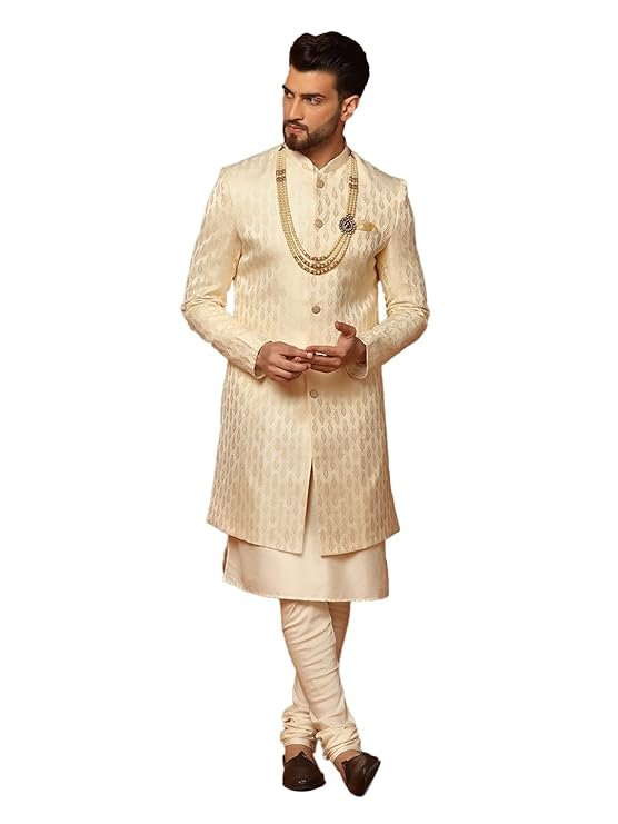 Men's Silk Blend Jacquard Textured Sherwani Set Regular Fit | Wedding, Festive & Occasion Wear