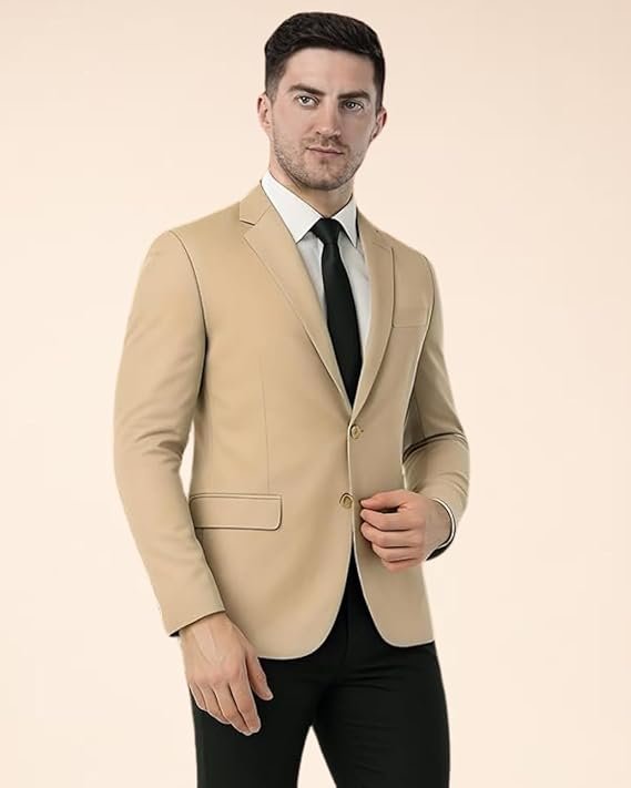 Elegant beige blazer for men, perfect for formal occasions and smart casual styling.