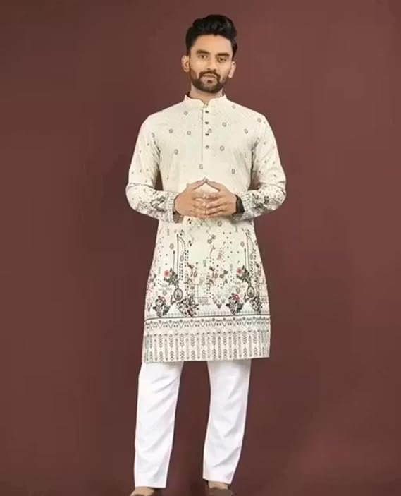 Men’s Printed Kurta Elegant Ethnic Wear for Occasions Cotton Long Kurta with Classic Print - Image 3