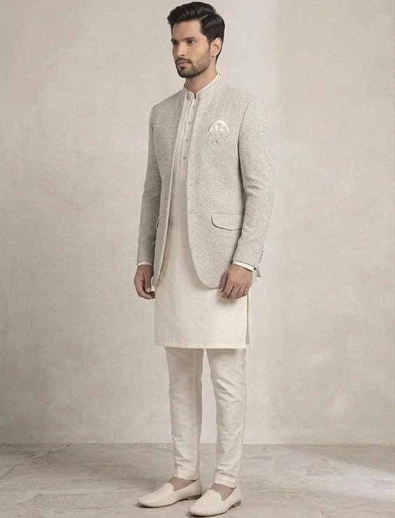 Cream sherwani with textured blazer for men.