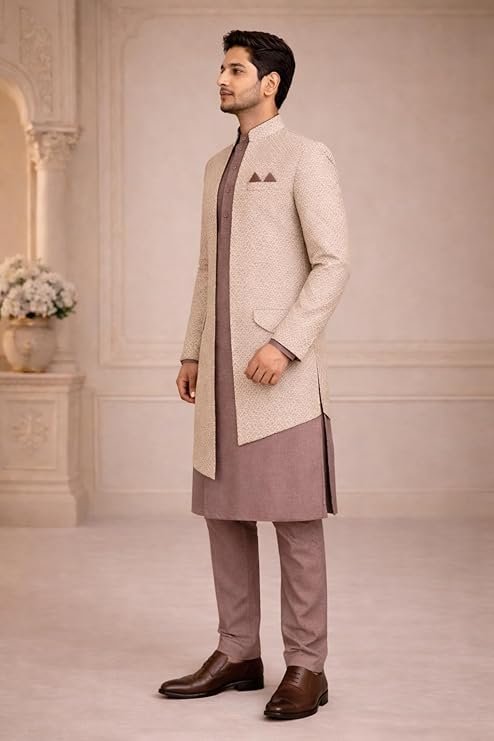 Elegant beige indo-western sherwani for men with kurta set, perfect for weddings and festive occasions.