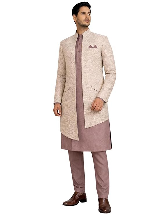 Elegant beige indo-western sherwani for men with kurta set, perfect for weddings and festive occasions.