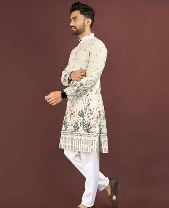 Men’s Printed Kurta Elegant Ethnic Wear for Occasions Cotton Long Kurta with Classic Print - Image 4