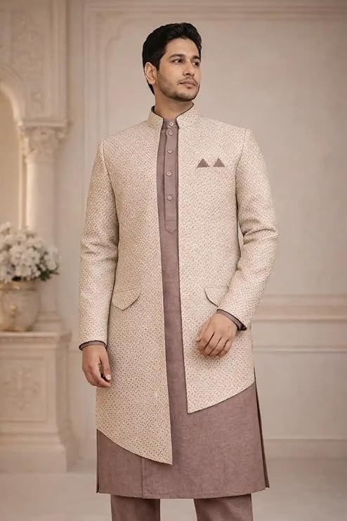 Elegant beige indo-western sherwani for men with kurta set, perfect for weddings and festive occasions.