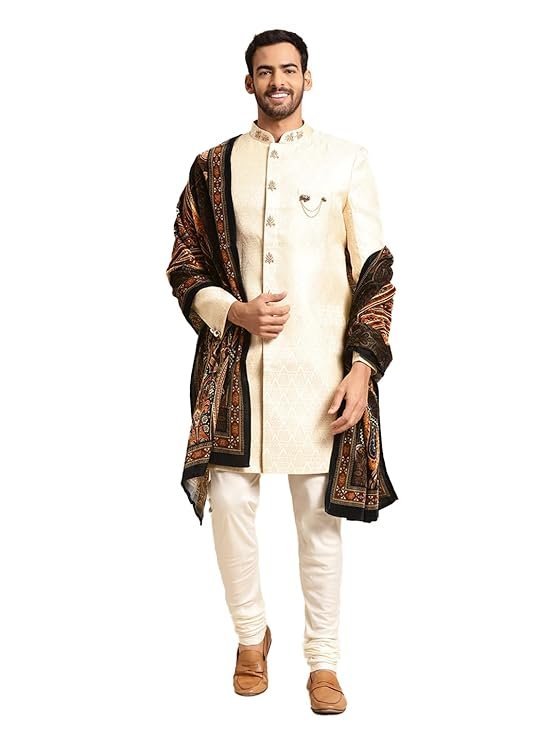 Cream sherwani for men with designer stole, perfect for weddings and groom wear.