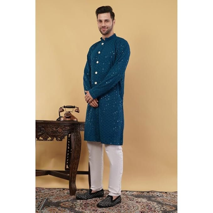 Men's Blue Embroidered Kurta with White Pajama | Wed Couture