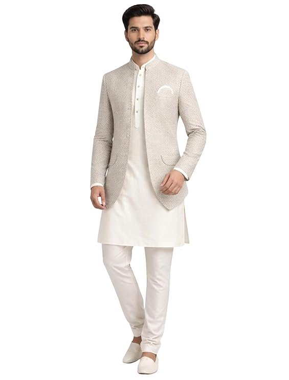 Cream sherwani with textured blazer for men.