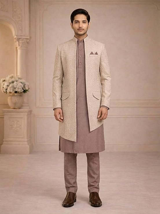 Elegant beige indo-western sherwani for men with kurta set, perfect for weddings and festive occasions.