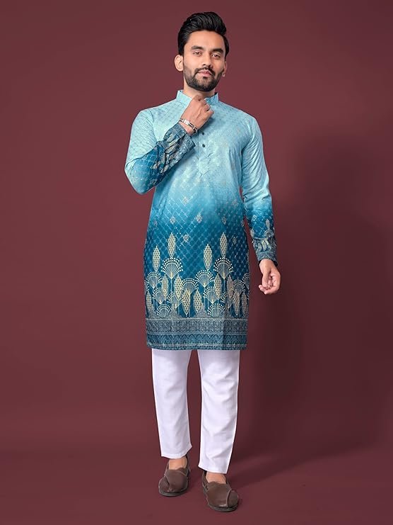 Men's Traditional Kurta, Rayon Ombre Blue, Regular Fit, Full Sleeve, Mandarin Collar