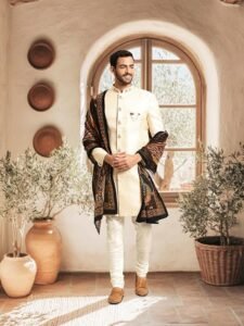 Cream sherwani for men with designer stole, perfect for weddings and groom wear.