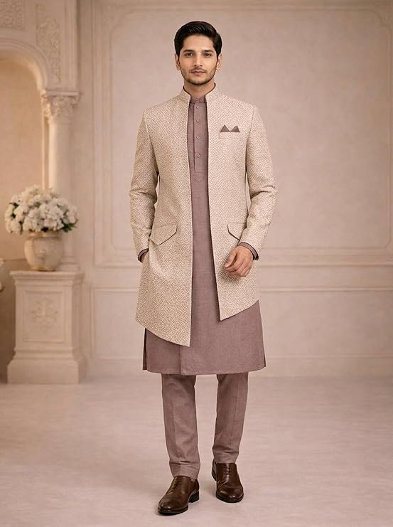 Elegant beige indo-western sherwani for men with kurta set, perfect for weddings and festive occasions.