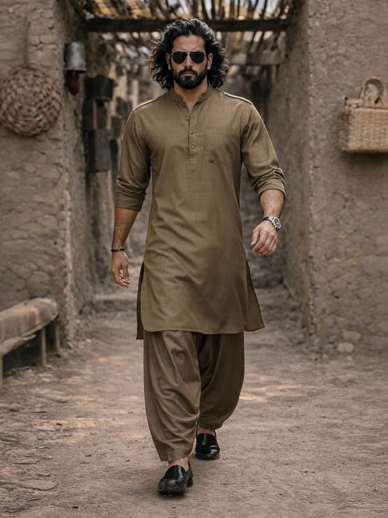 Men's Swiss Slub Cotton Pathani Kurta with Silk Blend Patiala Set for Wedding and Festive Wear