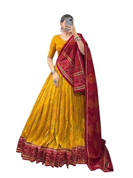 Women's Dola Silk Mil Print with Foil Work Lehenga and Unstitched Choli with Dupatta