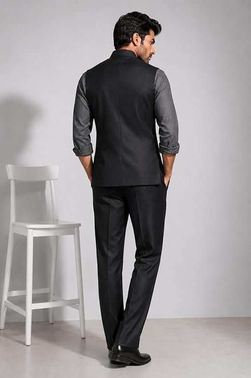 Black Nehru jacket for men with grey shirt – premium wedding and ethnic wear