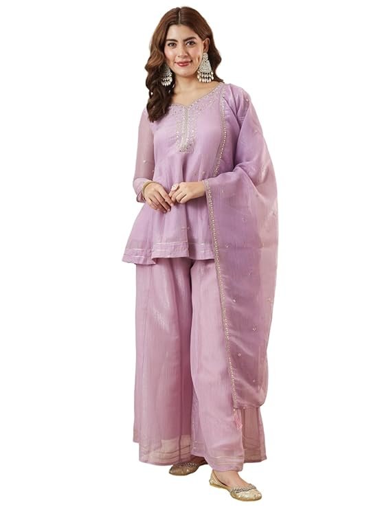 Women's Lavender Kurta Sharara Set with Embroidered Neck