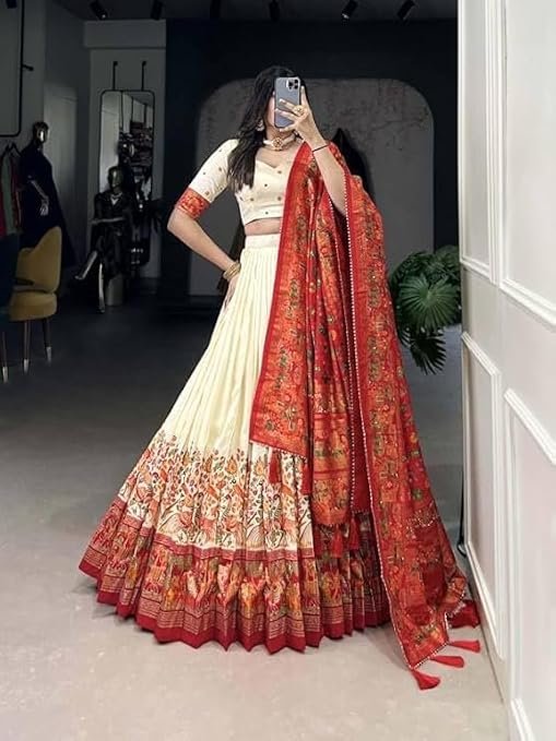 Women's Tussar Silk Patola Print Lehenga Choli with Foil Work and Dupatta
