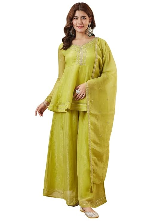 Women's Silk Embroidered Kurta Sharara Set with Dupatta