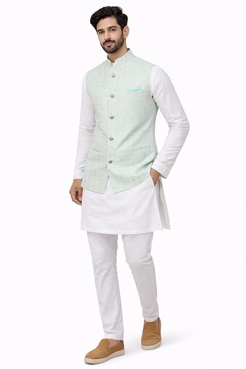 Men's Mint Green Nehru Jacket with White Kurta Pajama | Wed Couture