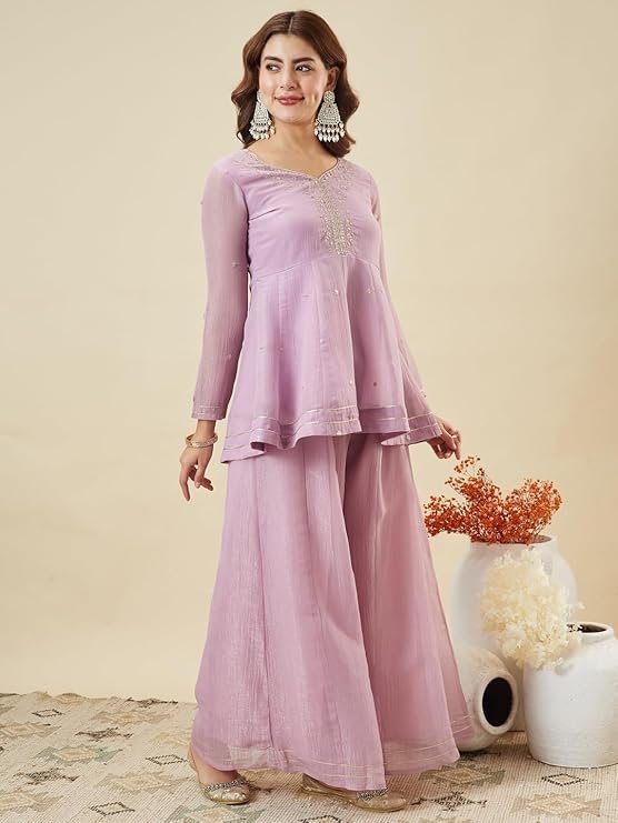 Women's Lavender Kurta Sharara Set with Embroidered Neck