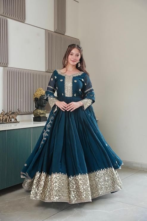Teal blue Anarkali gown with silver sequins embroidery