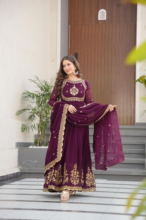 Purple embroidered Anarkali suit with dupatta for women.