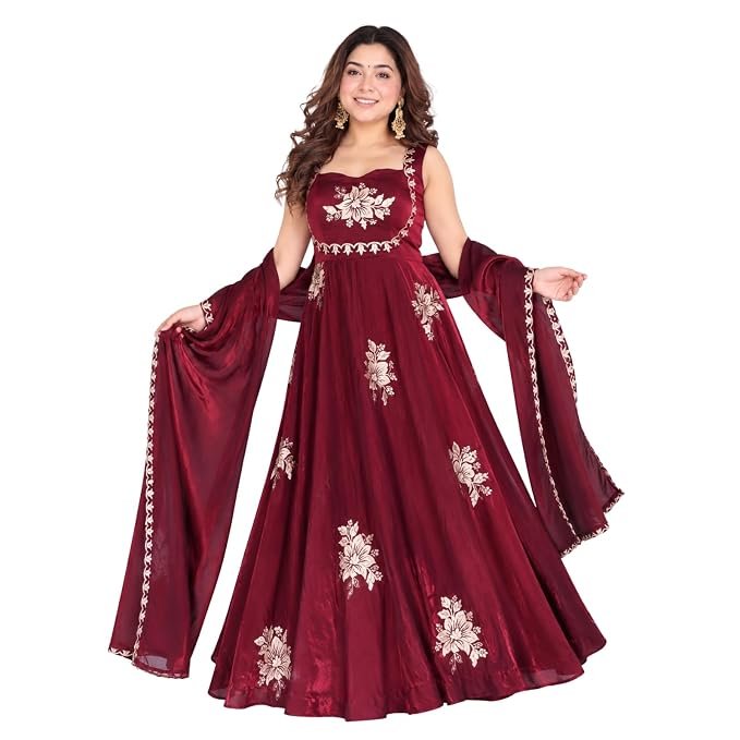Womens Embroidered Sleeveless Flared Gown with Dupatta | Sweetheart Neck Empire Waist Silk Maxi Dress | Long Ethnic Frock Suit for Women