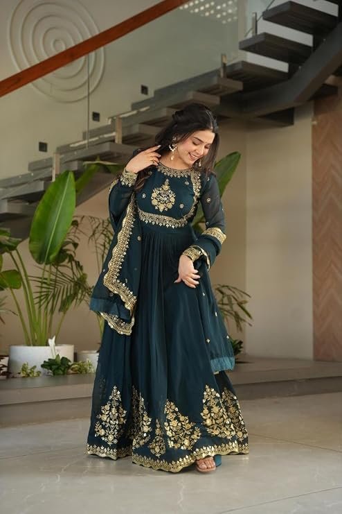 Dark green georgette Anarkali suit with heavy gold zari embroidery and matching dupatta