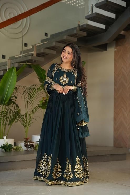 Dark green georgette Anarkali suit with heavy gold zari embroidery and matching dupatta