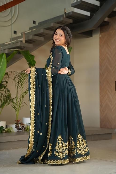 Dark green georgette Anarkali suit with heavy gold zari embroidery and matching dupatta