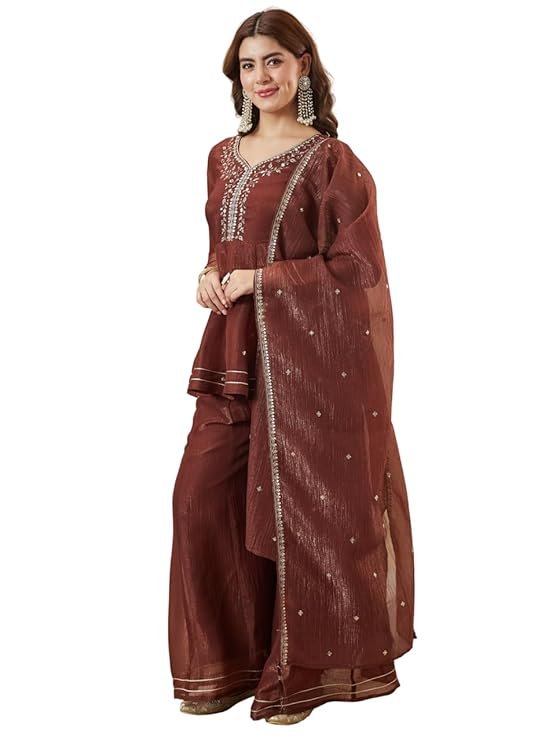 Women’s Silk Embroidered Kurta Sharara Set with Dupatta