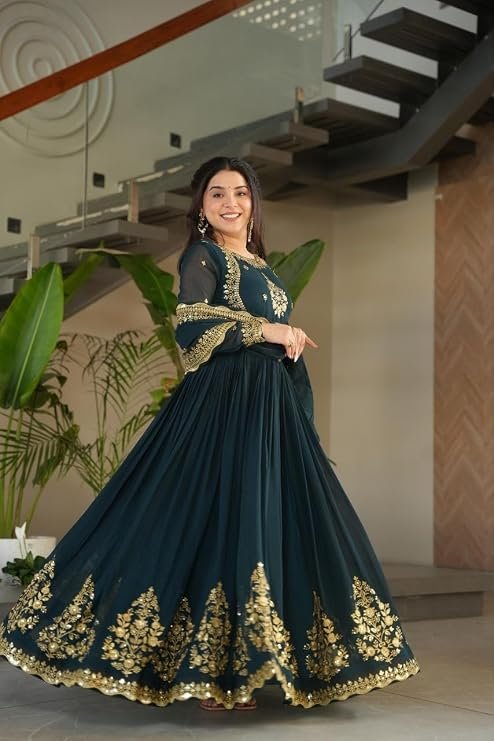 Dark green georgette Anarkali suit with heavy gold zari embroidery and matching dupatta