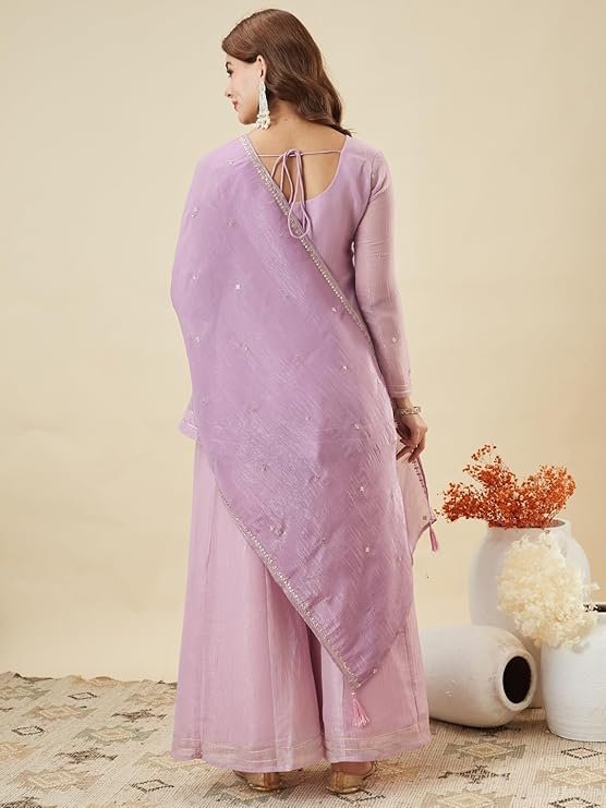 Women's Lavender Kurta Sharara Set with Embroidered Neck