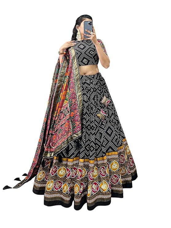 Women's Black Printed Lehenga Choli with Multicolor Dupatta