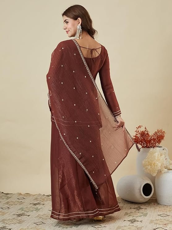 Women’s Silk Embroidered Kurta Sharara Set with Dupatta