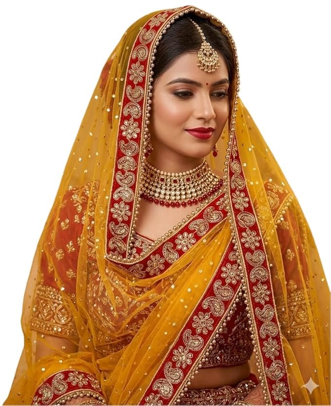 Women's Embroidered Net Dupatta With 4 Side Moti Lace (2.25m)