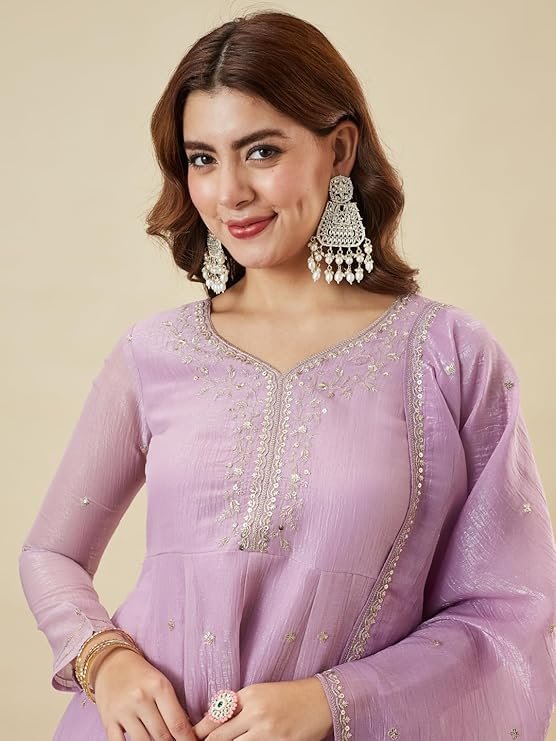 Women's Lavender Kurta Sharara Set with Embroidered Neck