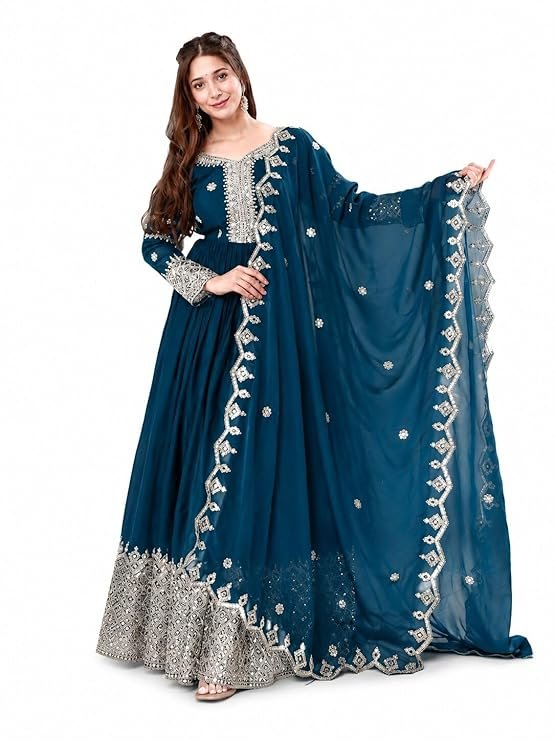 Teal blue Anarkali gown with silver sequins embroidery