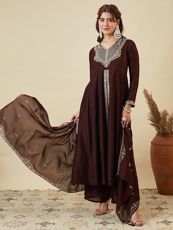 Elegant maroon embroidered traditional dress for women.