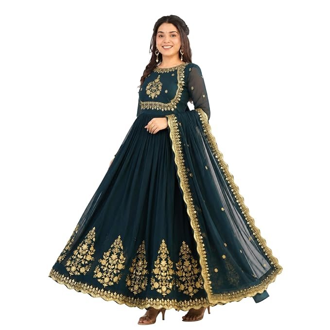 Dark green georgette Anarkali suit with heavy gold zari embroidery and matching dupatta