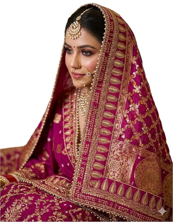 Wedding bridal Dupatta in banarasi silk with sada Saubhagyawati bhaw Embroidery border and 4 side moti lace - Image 5