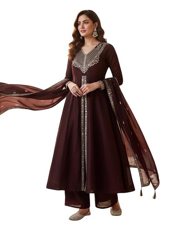 Elegant maroon embroidered traditional dress for women.