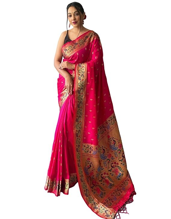 Pink Banarasi Silk Saree for Women with Golden Zari Border