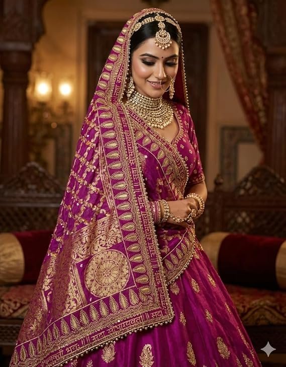Wedding bridal Dupatta in banarasi silk with sada Saubhagyawati bhaw Embroidery border and 4 side moti lace - Image 2