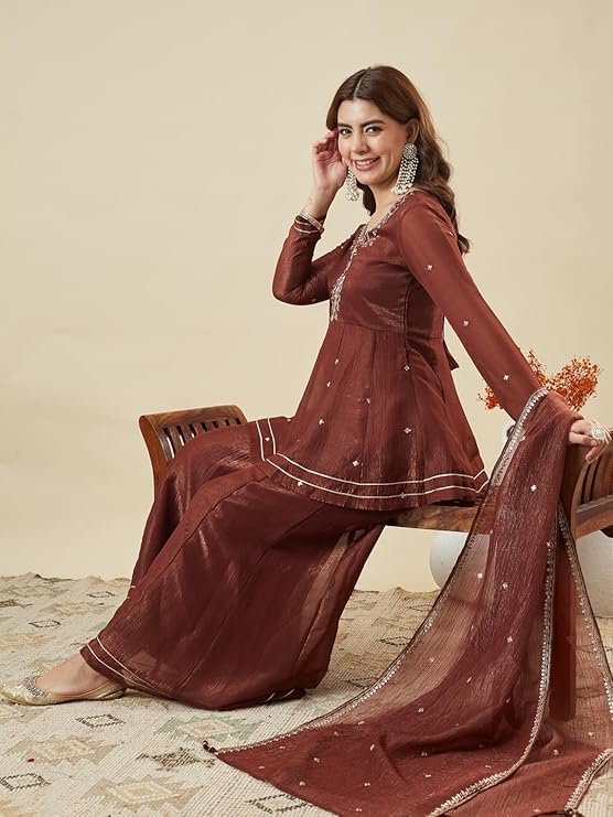 Women’s Silk Embroidered Kurta Sharara Set with Dupatta