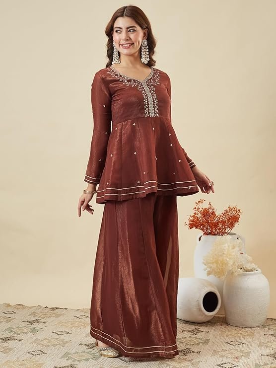 Women’s Silk Embroidered Kurta Sharara Set with Dupatta