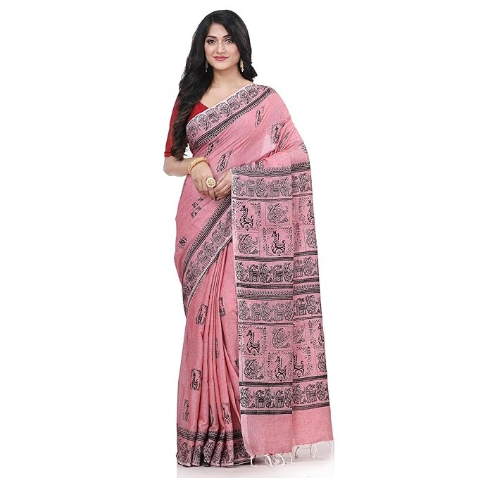 Pink Printed Cotton Saree for Women with Traditional Border