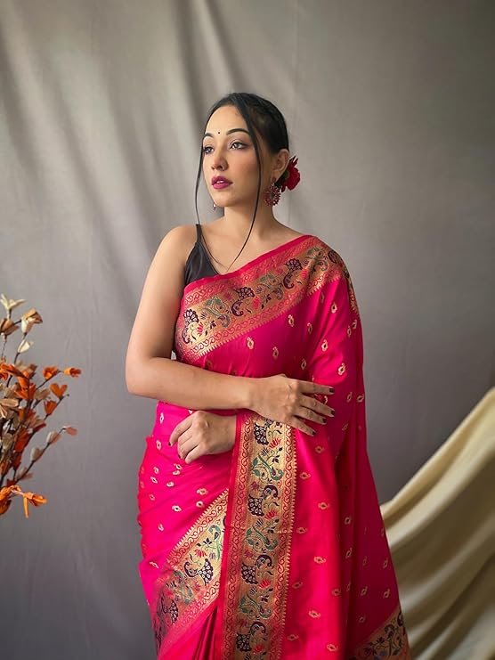Pink Banarasi Silk Saree for Women with Golden Zari Border